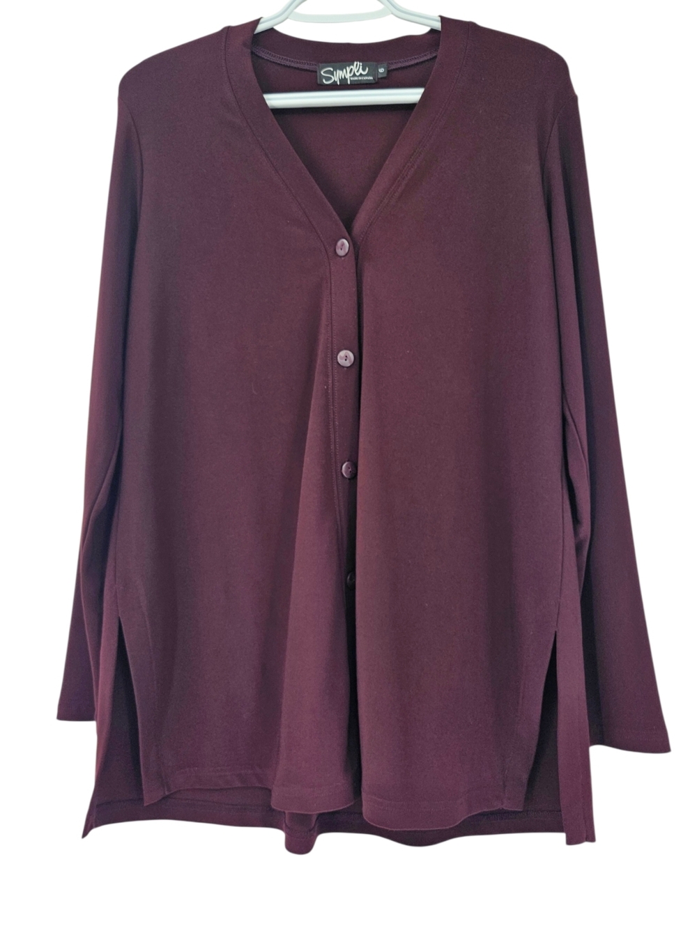 Sympli Button Front V-Neck Long Sleeve Top Wine Women's Size 6 Minimalist Flowy
